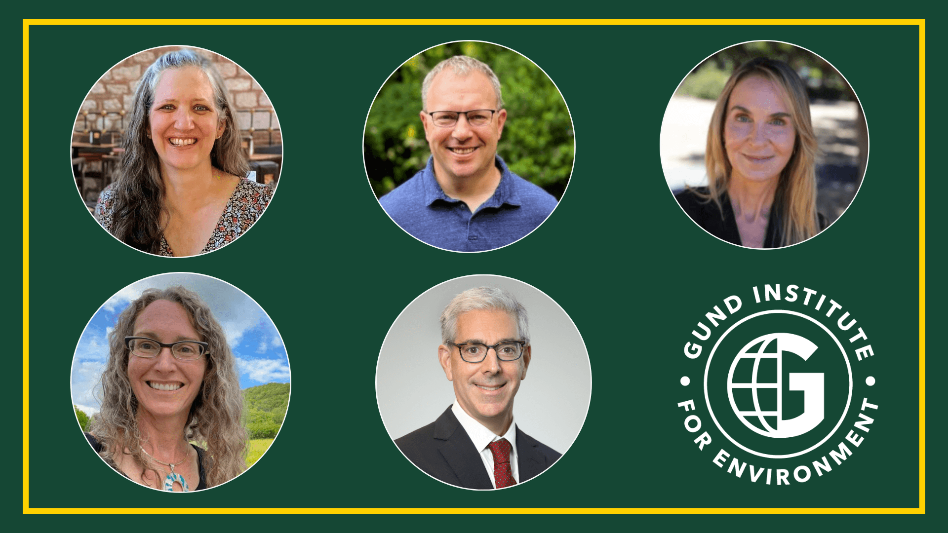 Five headshots and a logo on a green background