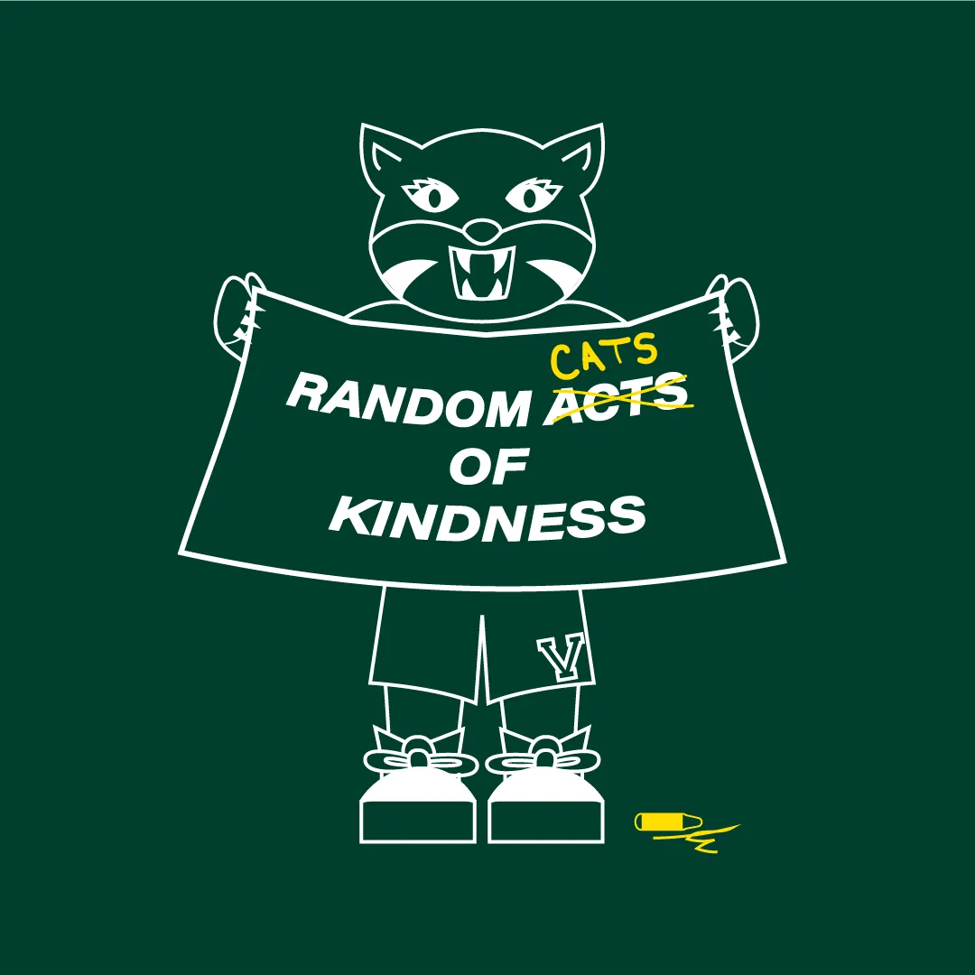 Cartoon drawing of Rally Cat holding a sign that reads "Random Cats of Kindness"