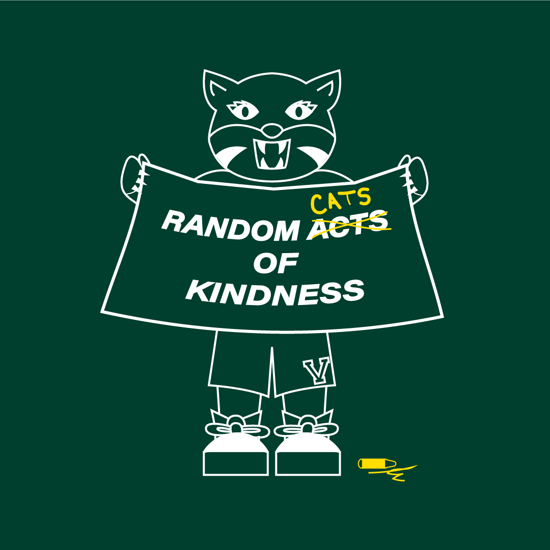 Cartoon drawing of Rally Cat holding a sign that reads "Random Cats of Kindness"