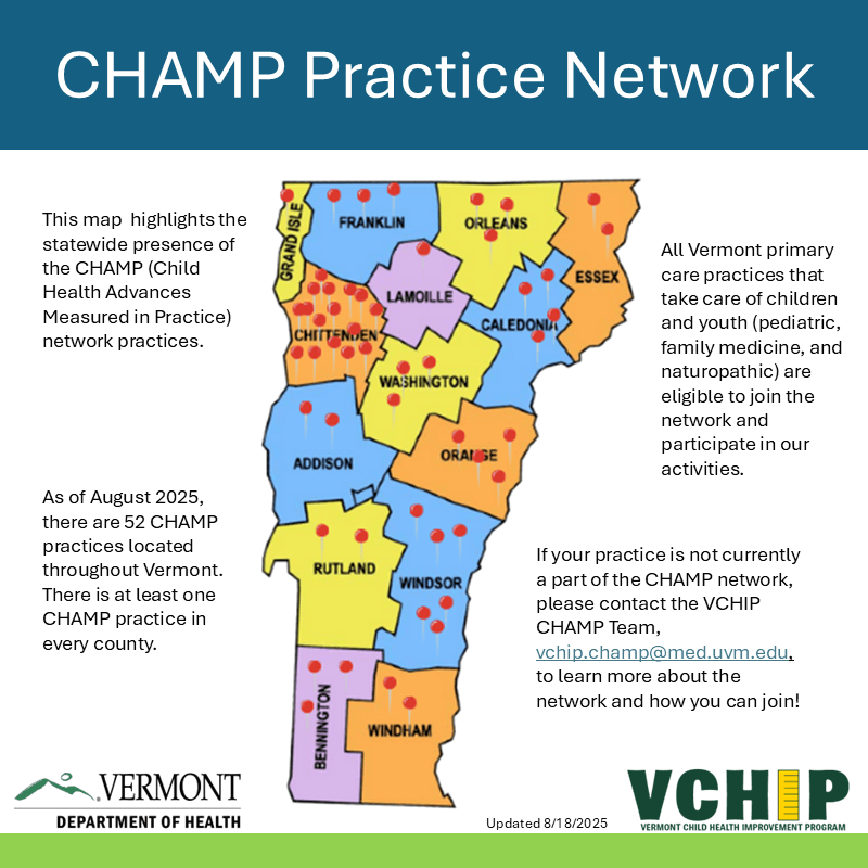 Vermont map showing VCHIP CHAMP network practices