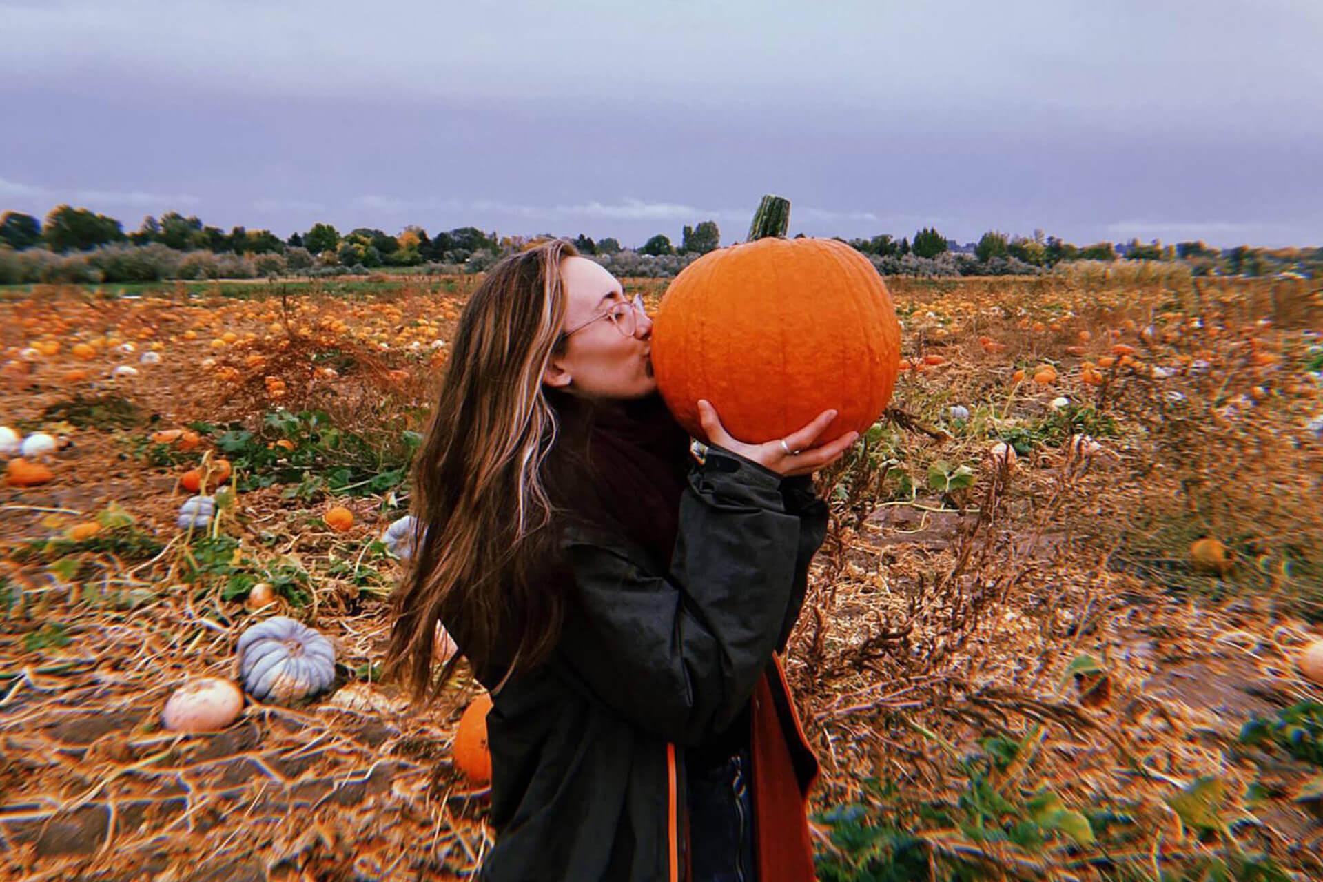 A person kisses a large orange pumpkin in a pumpkin patch.