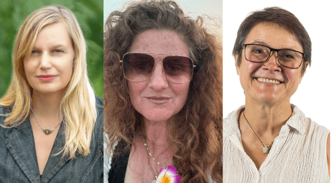 Three headshots: a blond woman, a woman with curly hair and sunglasses, and a woman with short brown hair and glasses