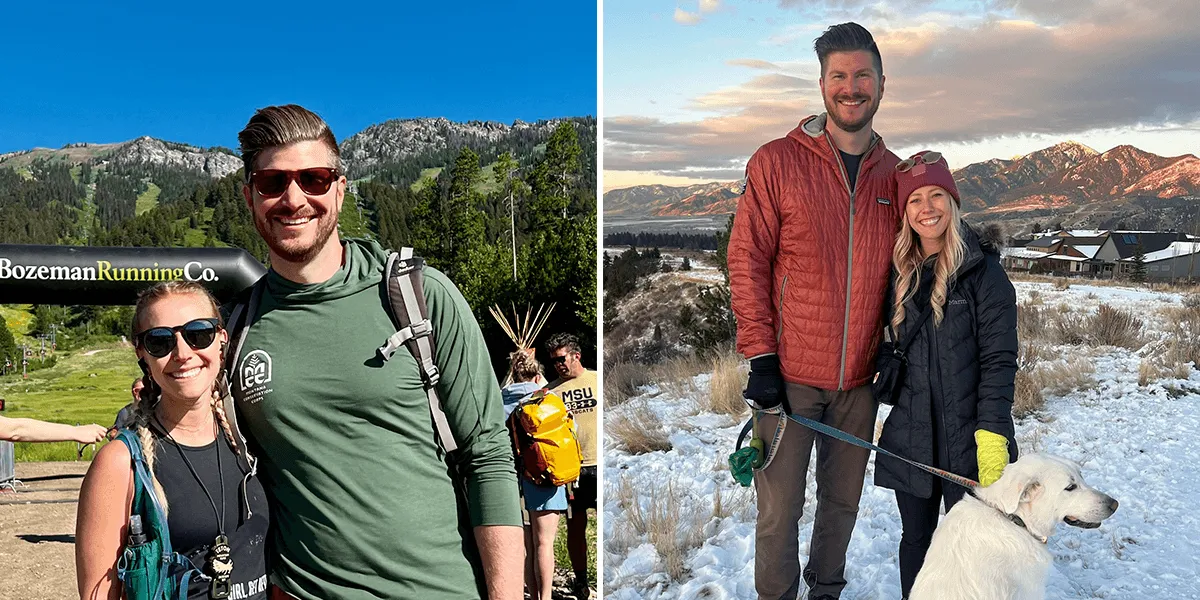 Two images side by side of Brad and his wife Kelley, one in the summer, one in the winter, they are outside in front of mountains in both photos, their dog is in one of the photos with them out for a walk