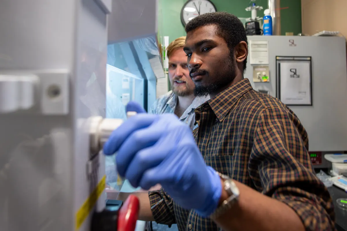 Two scientists making a discovery in a lab. 