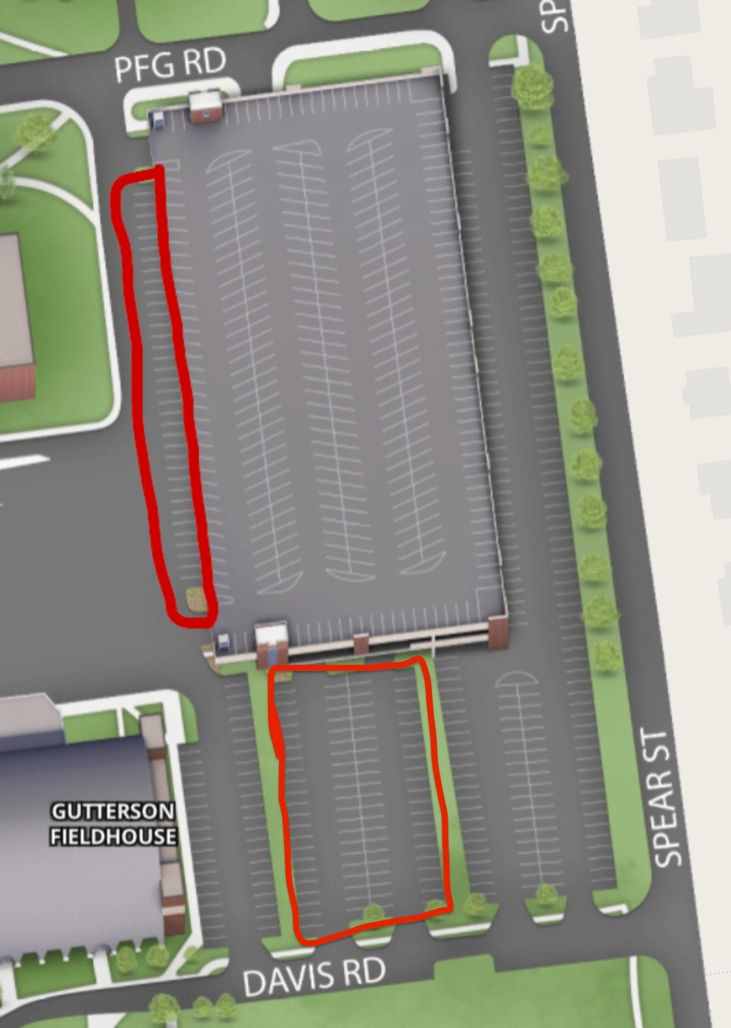 Diagram of upper and middle surface lots of Gutterson Garage