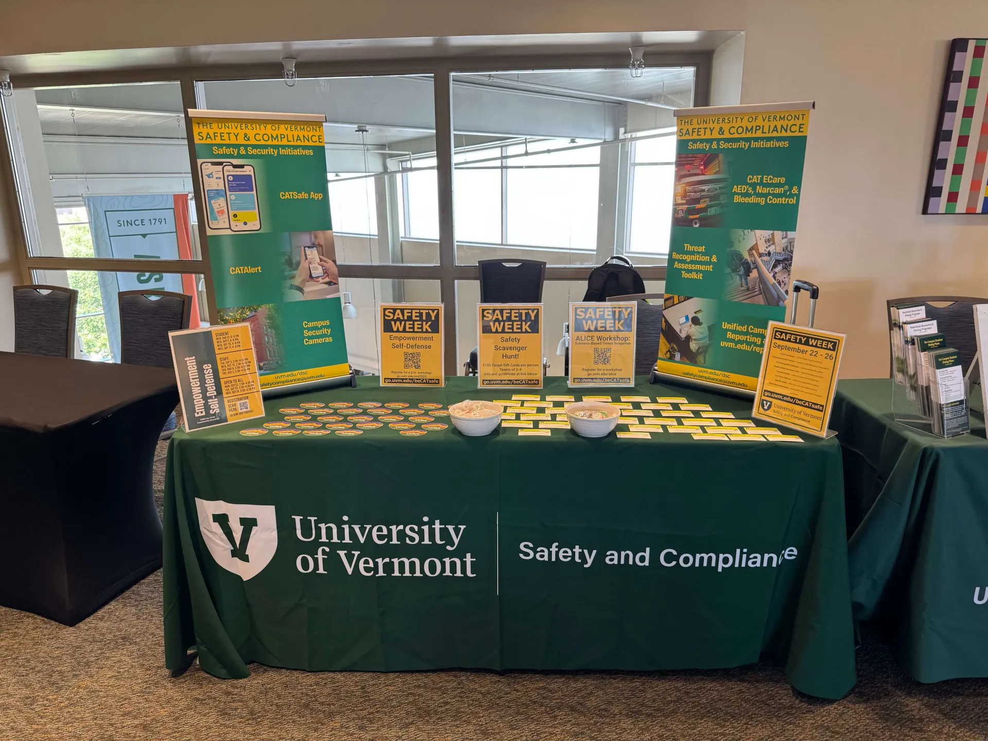 Safety Training Table with posters and stickers