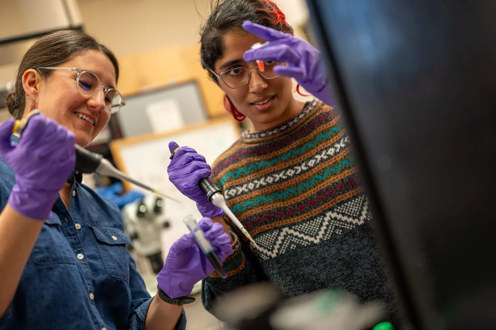 Student and professor work together in a lab
