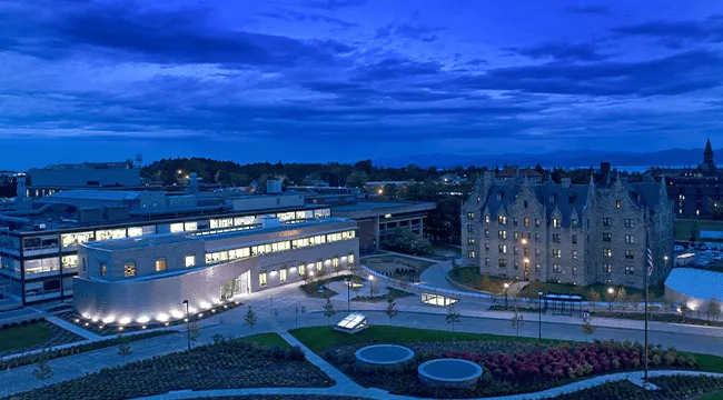 Night shot of the Larner College of Medicine