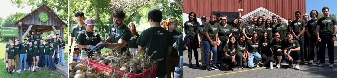 3 images of community service: at (left) the Intervale Center, (center) the People’s Farm, and (right) the Green Mountain Habitat for Humanity ReStore