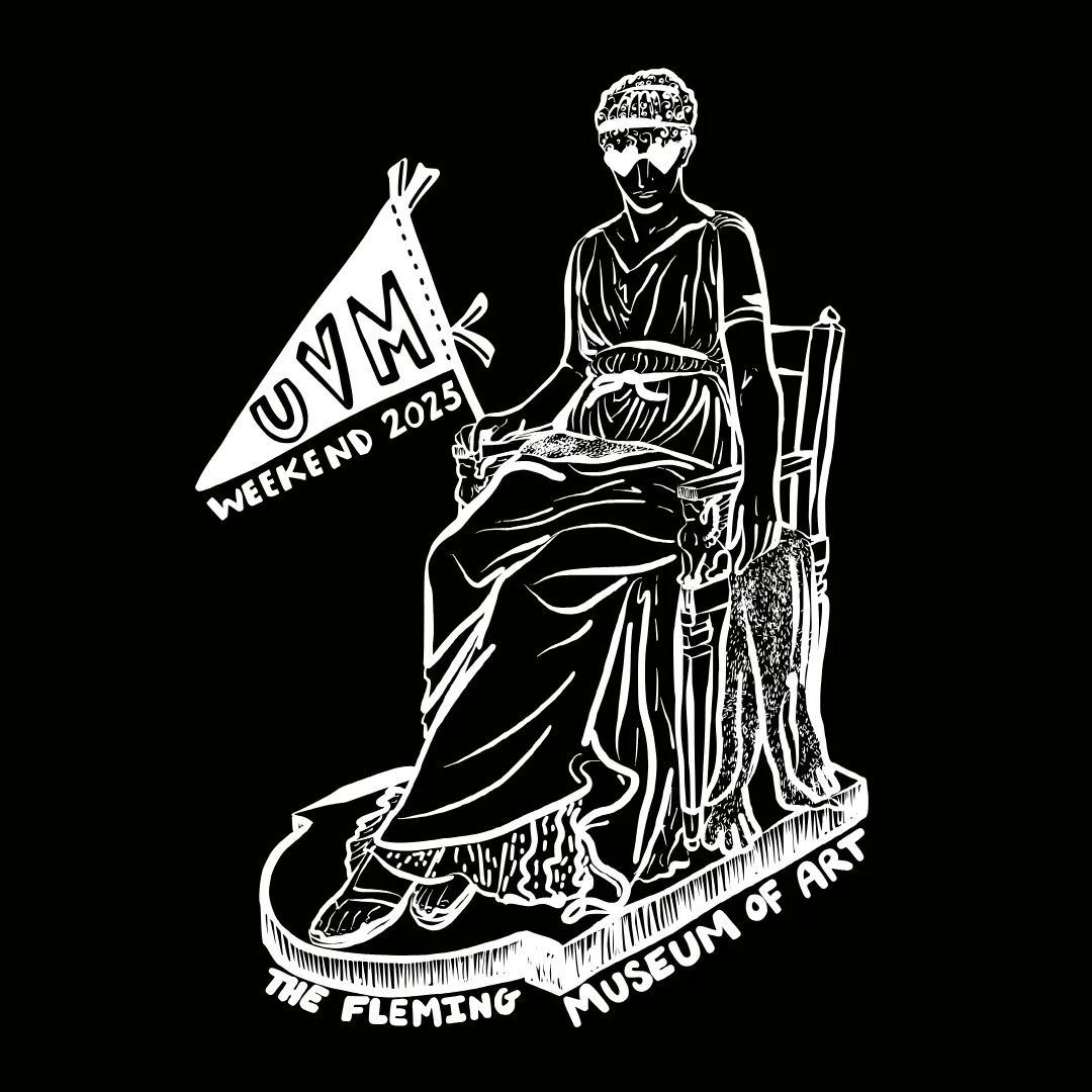 Black and white illustration of a seated statue of a woman with a 'UVM' pennant. 