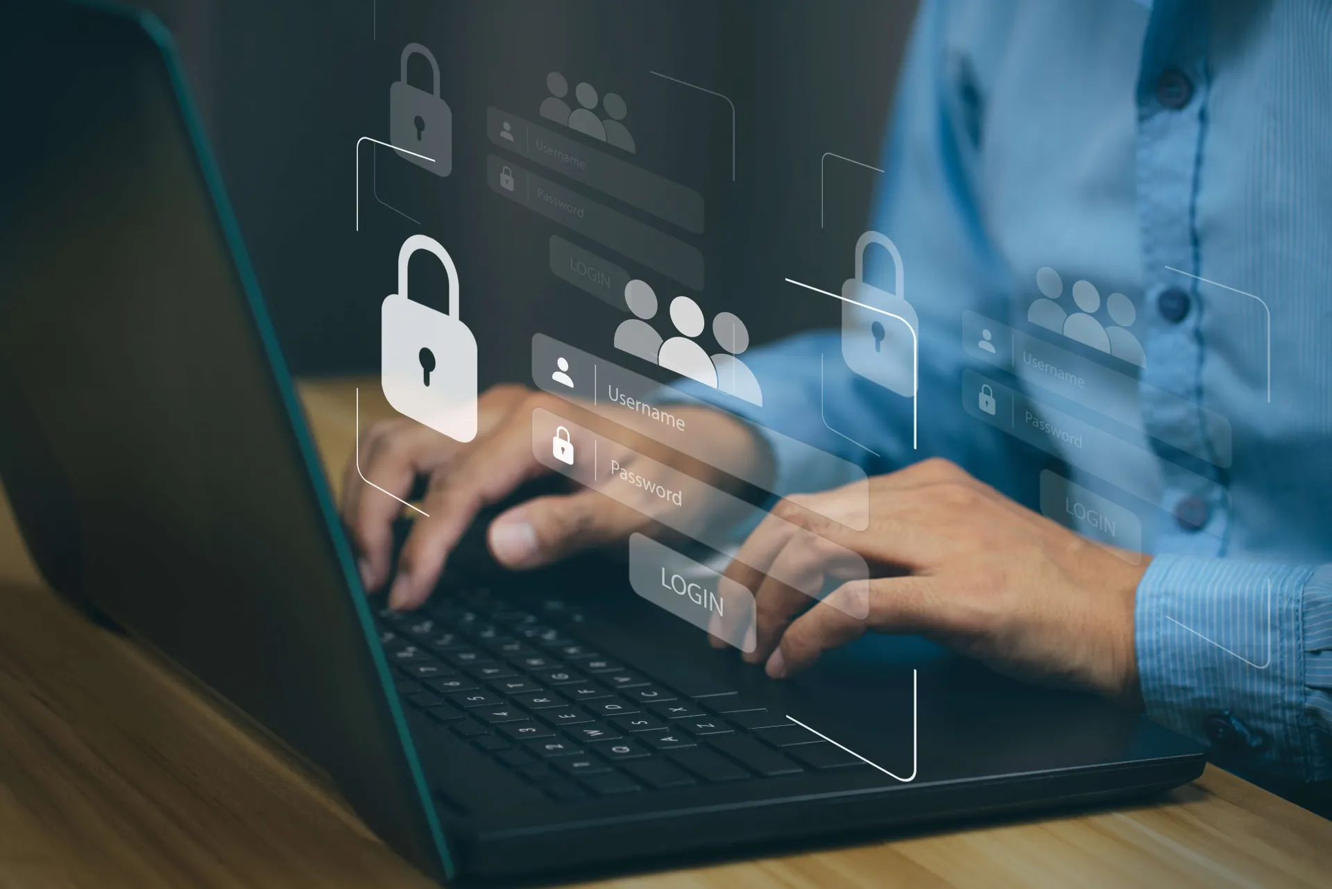 Typing on laptop with floating lock icon