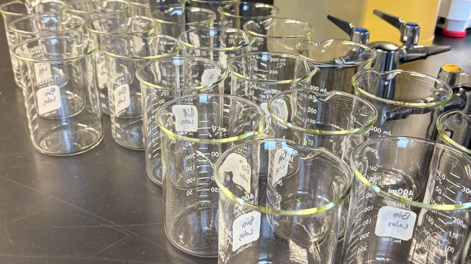 bunch of beakers sitting on a lab table
