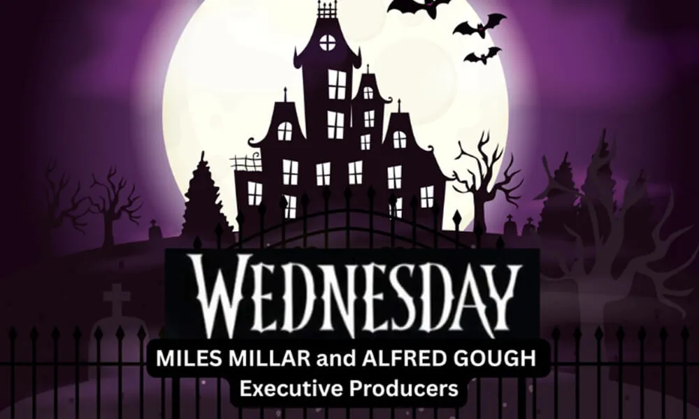 Promotional poster for the Netflix series Wednesday, featuring a haunted mansion silhouette under a full moon with bats flying overhead and text that reads “Wednesday"