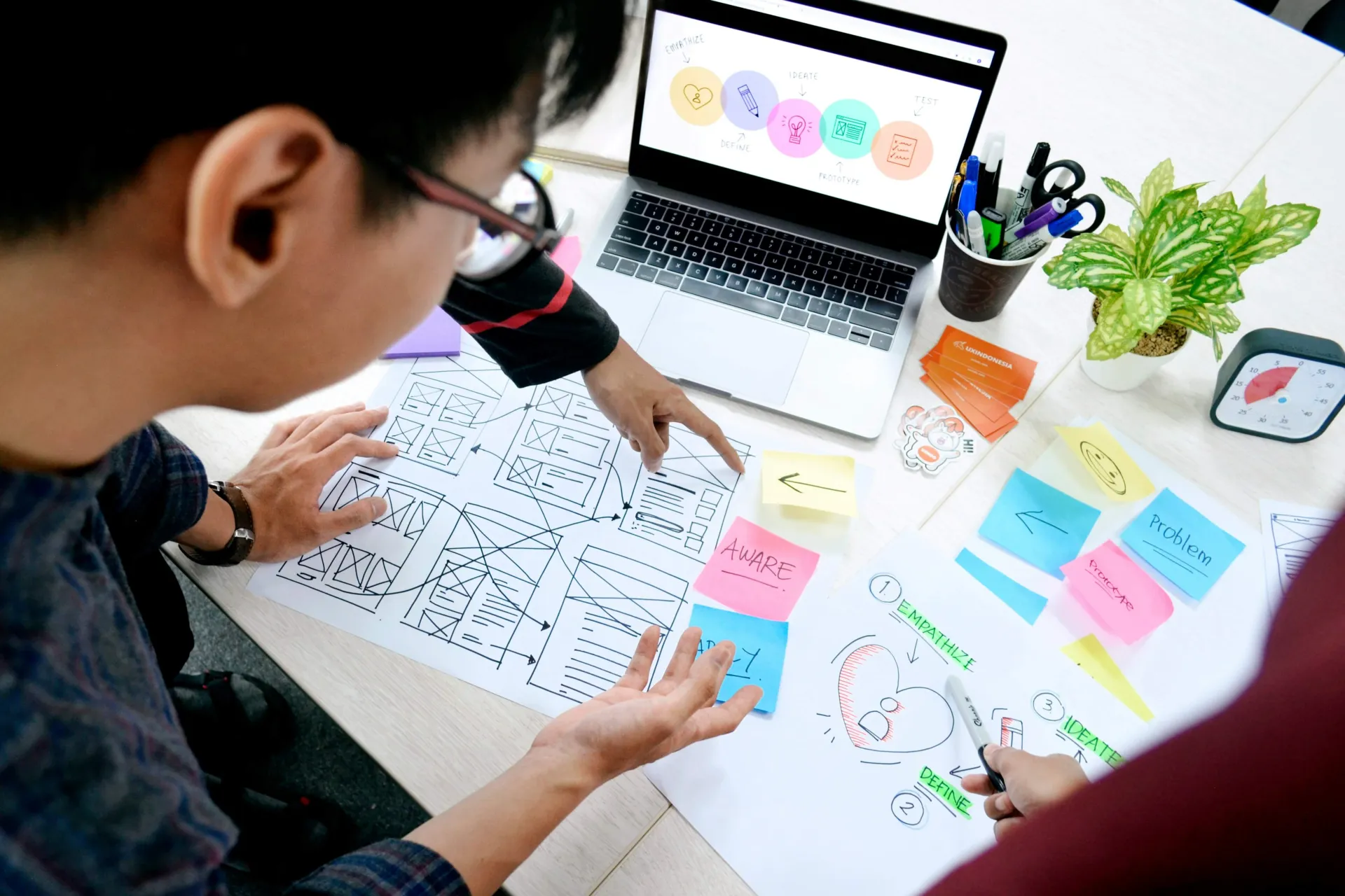 Overhead view of two people working on UX design at a desk, pointing at wireframes and post-it notes with design process steps