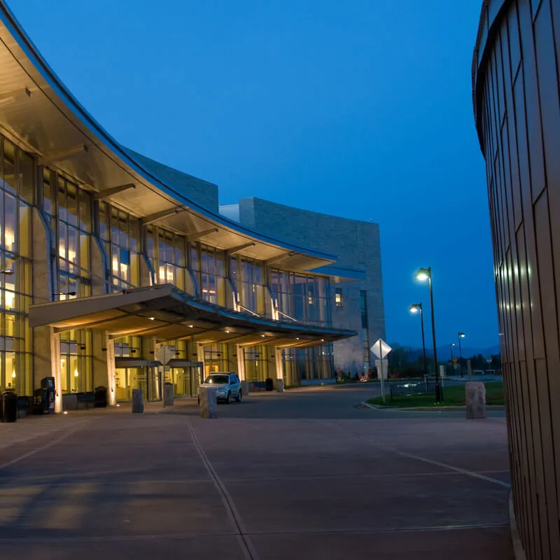 front of UVM medical center building at night