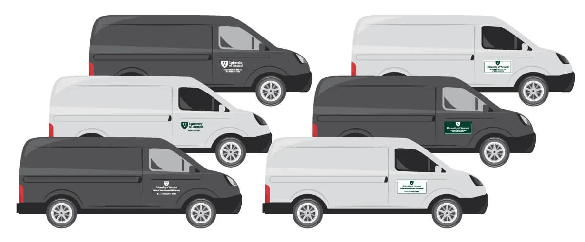 2d renderings of 3 black vans and 3 white vans with uvm logos on the side of them