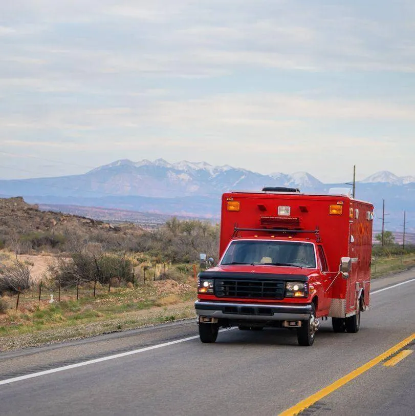 Ambulance driving down a rural road with white-capped mountains on the horizon 