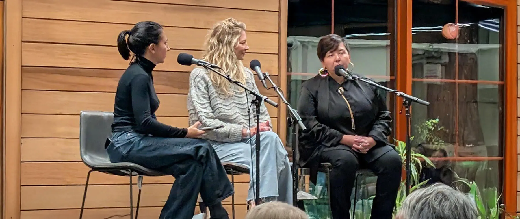 Science Friday host Flora Lichtman leads a discussion on the future of food with Dr. Rachael Floreani, an associate professor in the Department of Mechanical Engineering, and Alexis Yamashita, a doctoral student and community organizer in UVM's Food Systems Research Institute. Photo Matthew Annis