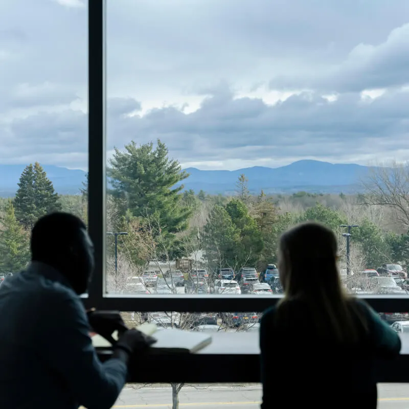 silhouette of two people with mountains view out the window
