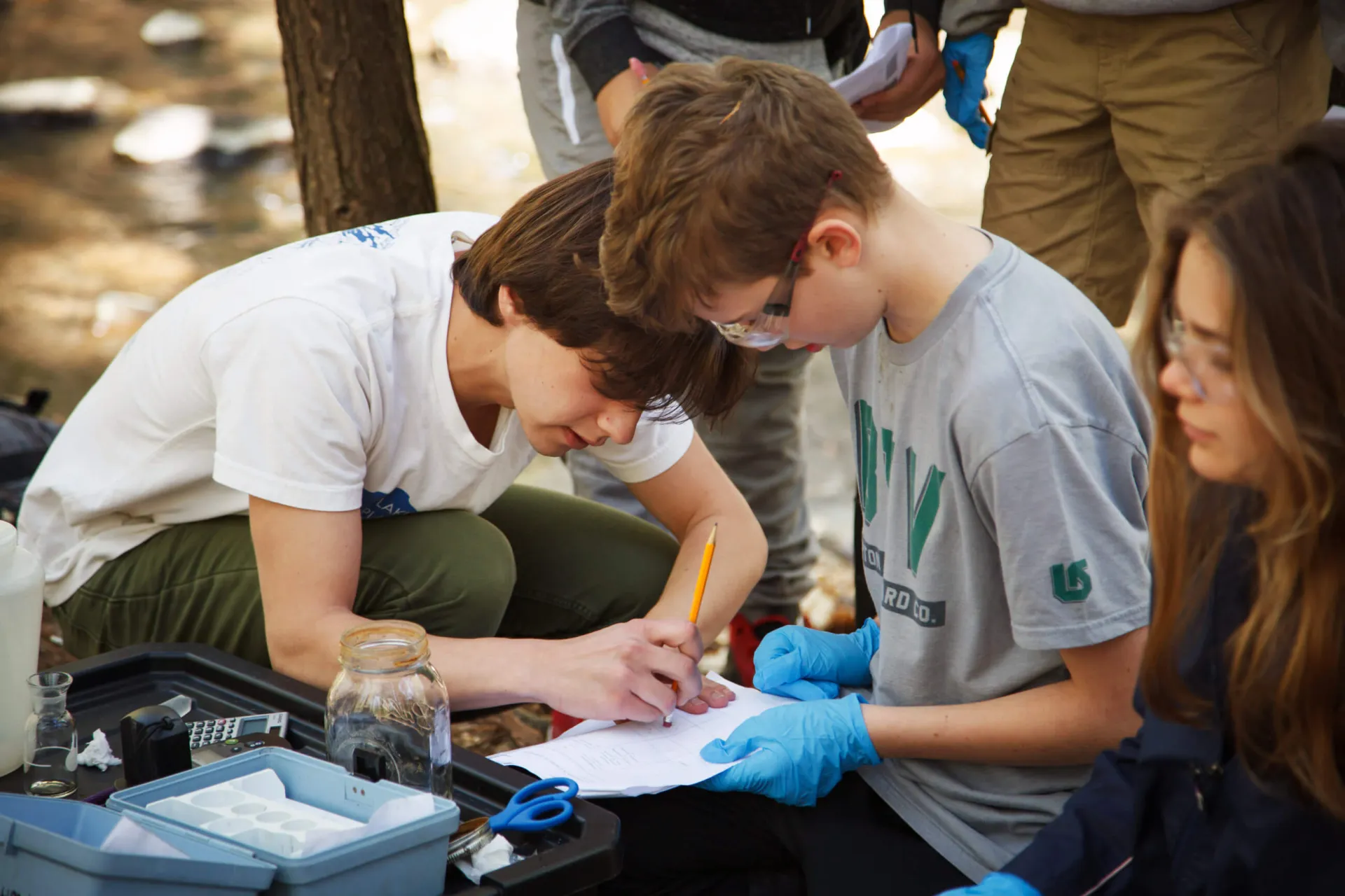 several kids outside doing some sort of research