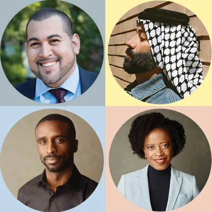 Portraits of Michael Benitez, Jr., Yassin Alsalman, Joel Davis Brown, and Rhonda Magee