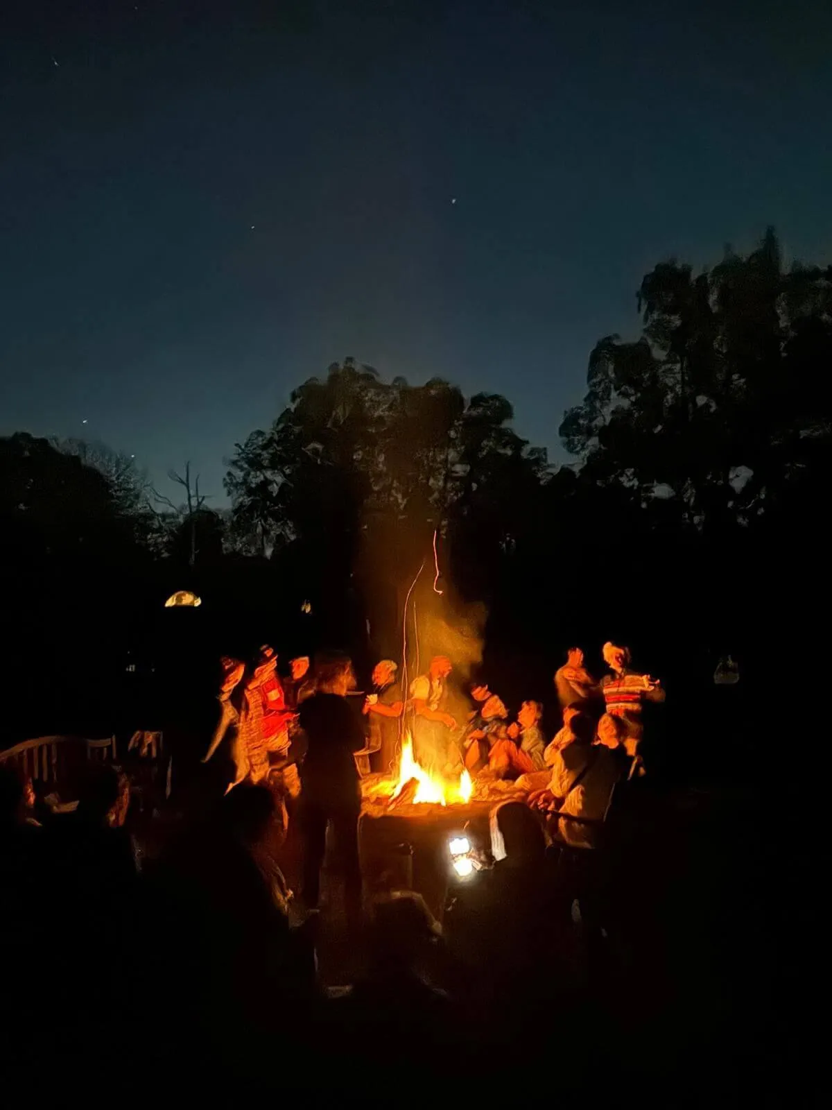 people around a bonfire at night