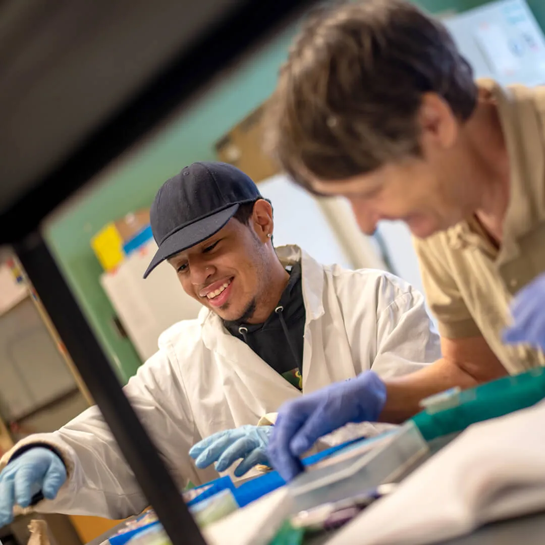 a researcher and student wearing a lab coat and globes work at a lab bench