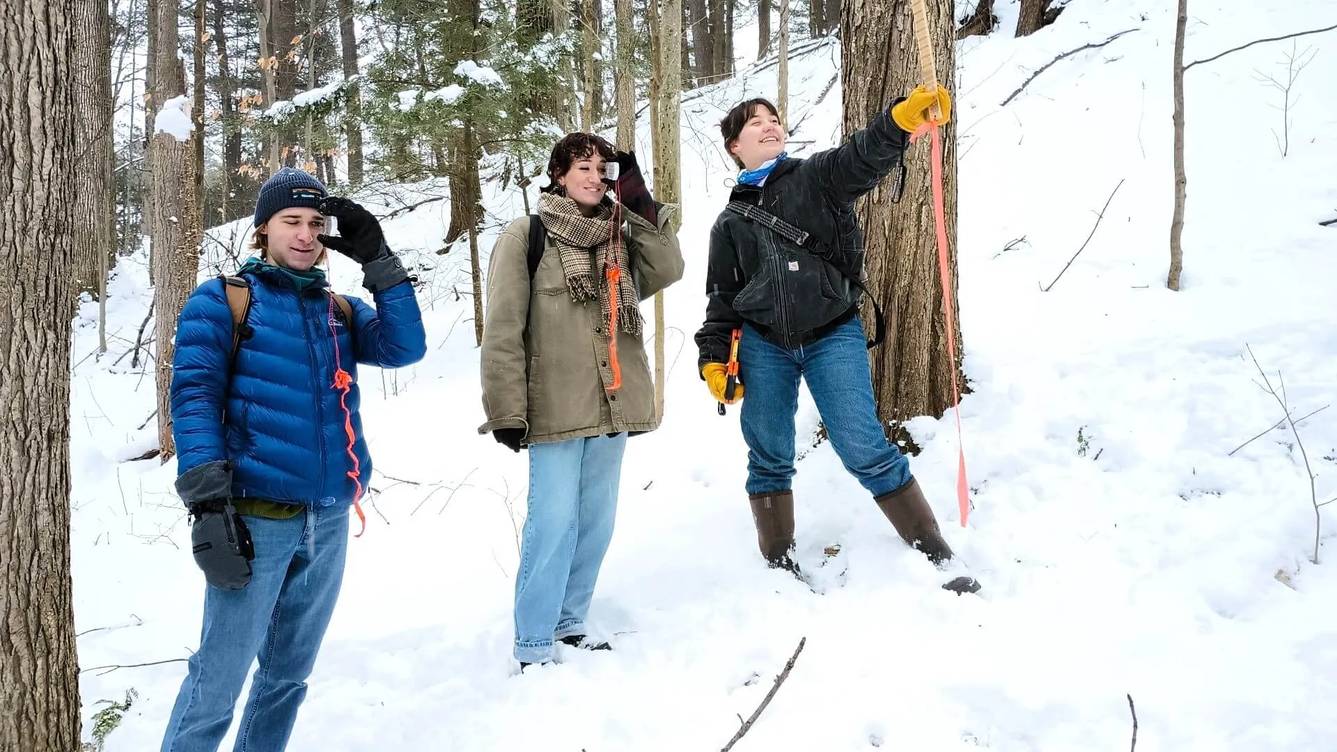 Three students conducting forestry fieldwork in the snow. 
