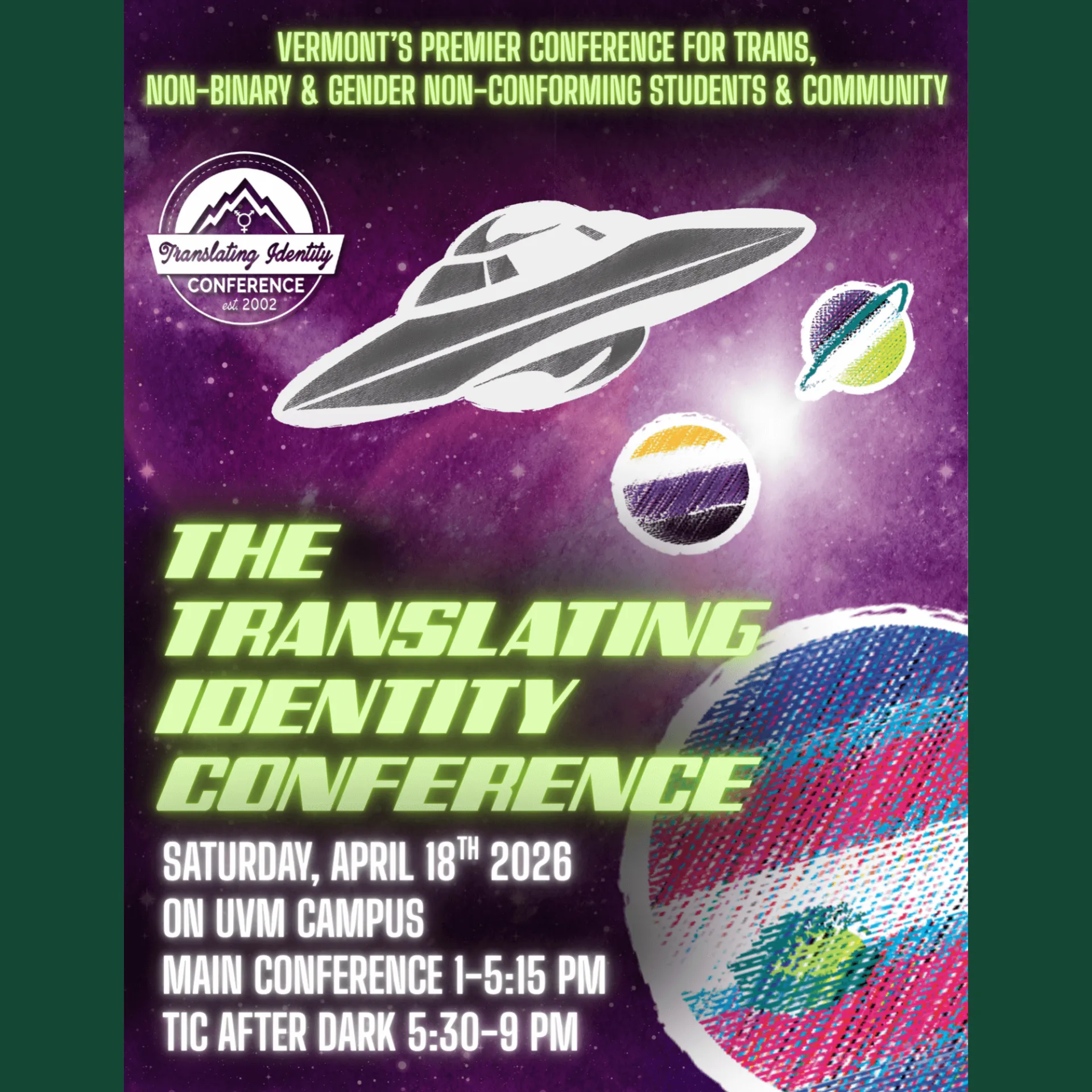 Promotional flyer for TIC with a purple-ish space voyage theme. All text is included elsewhere on this page.