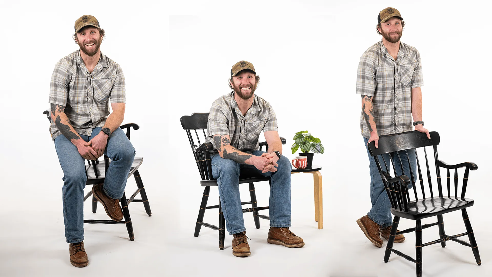 three individuals one standing behind a chair one sitting in a chair and one sitting on the edge of a chair