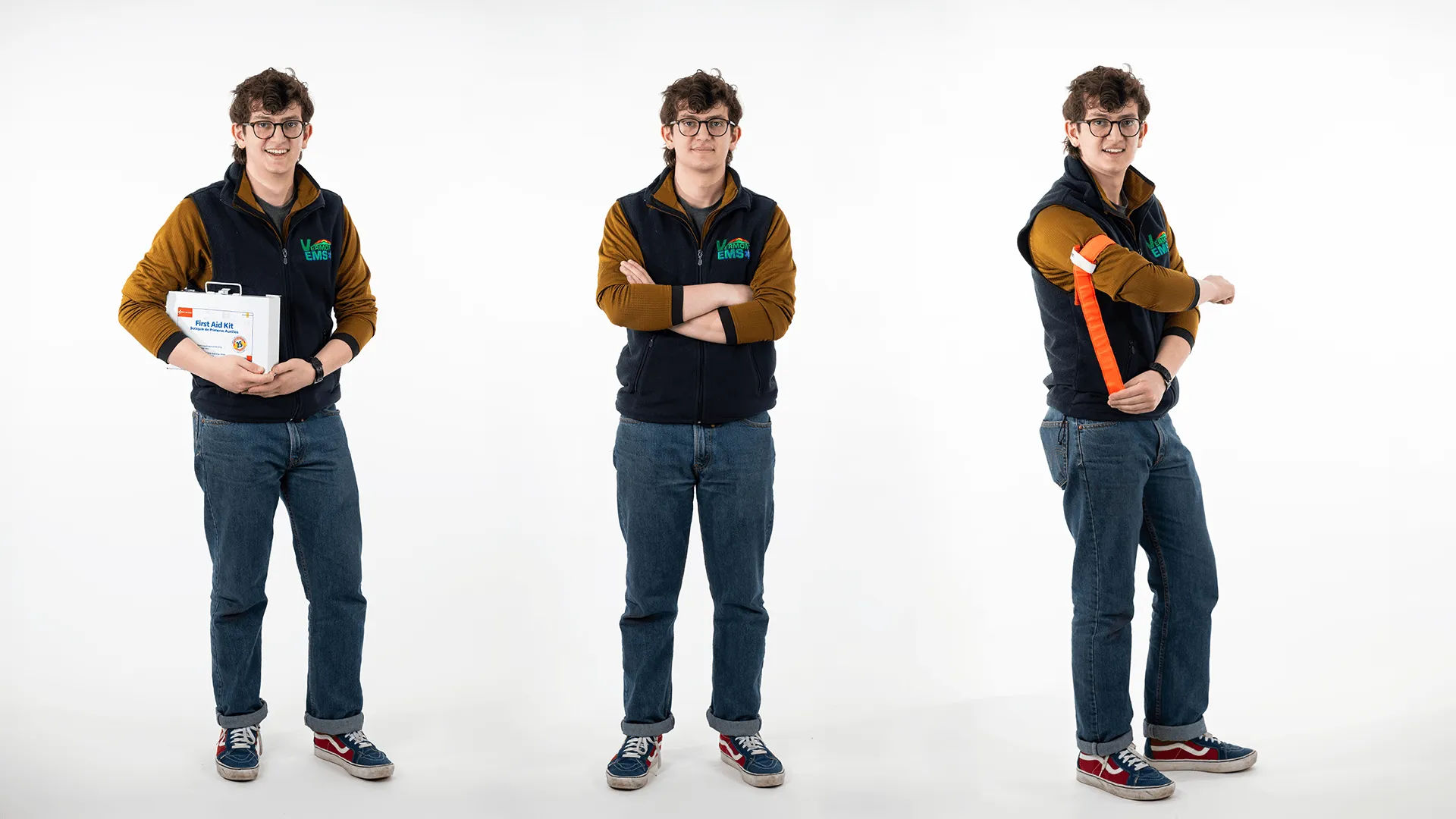 three photos of the same individual one holding a first aid kit, standing with arms crossed, and showing how to use a tourniquet