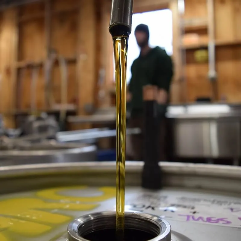 a stream of maple syrup pouring into a barrel in a sugarhouse