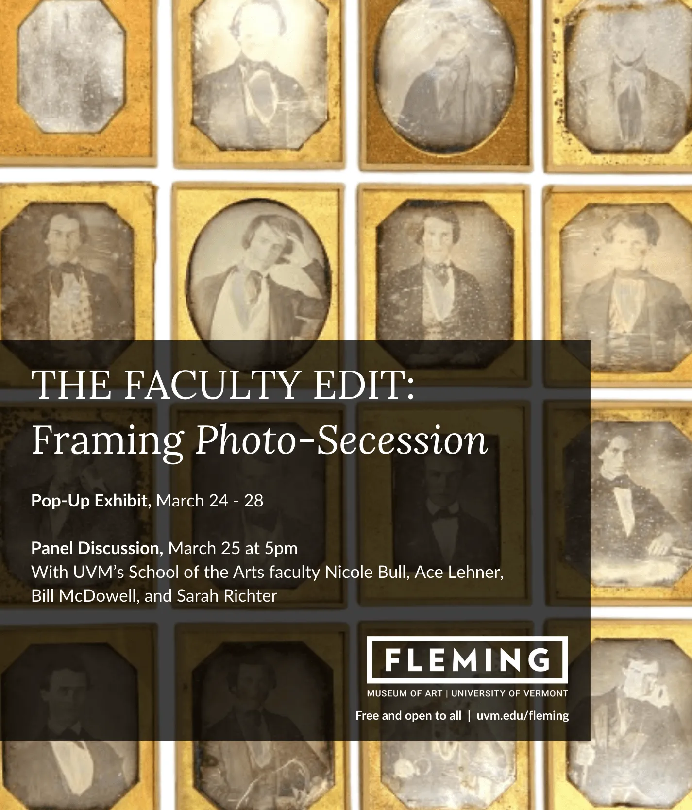 Black and white photographs in gold frames with text.