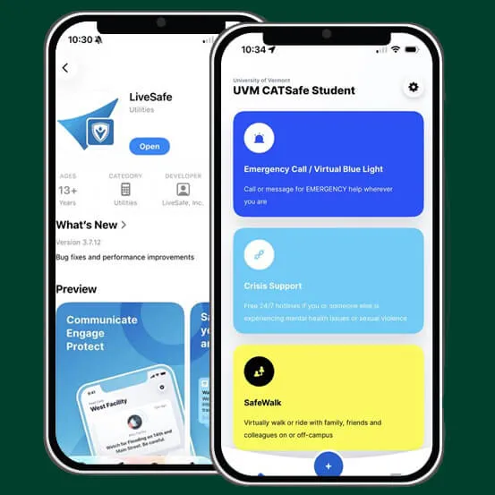 Screenshots of the LIVEsafe app on the app store and the CATsafe app student home page inside of phones.