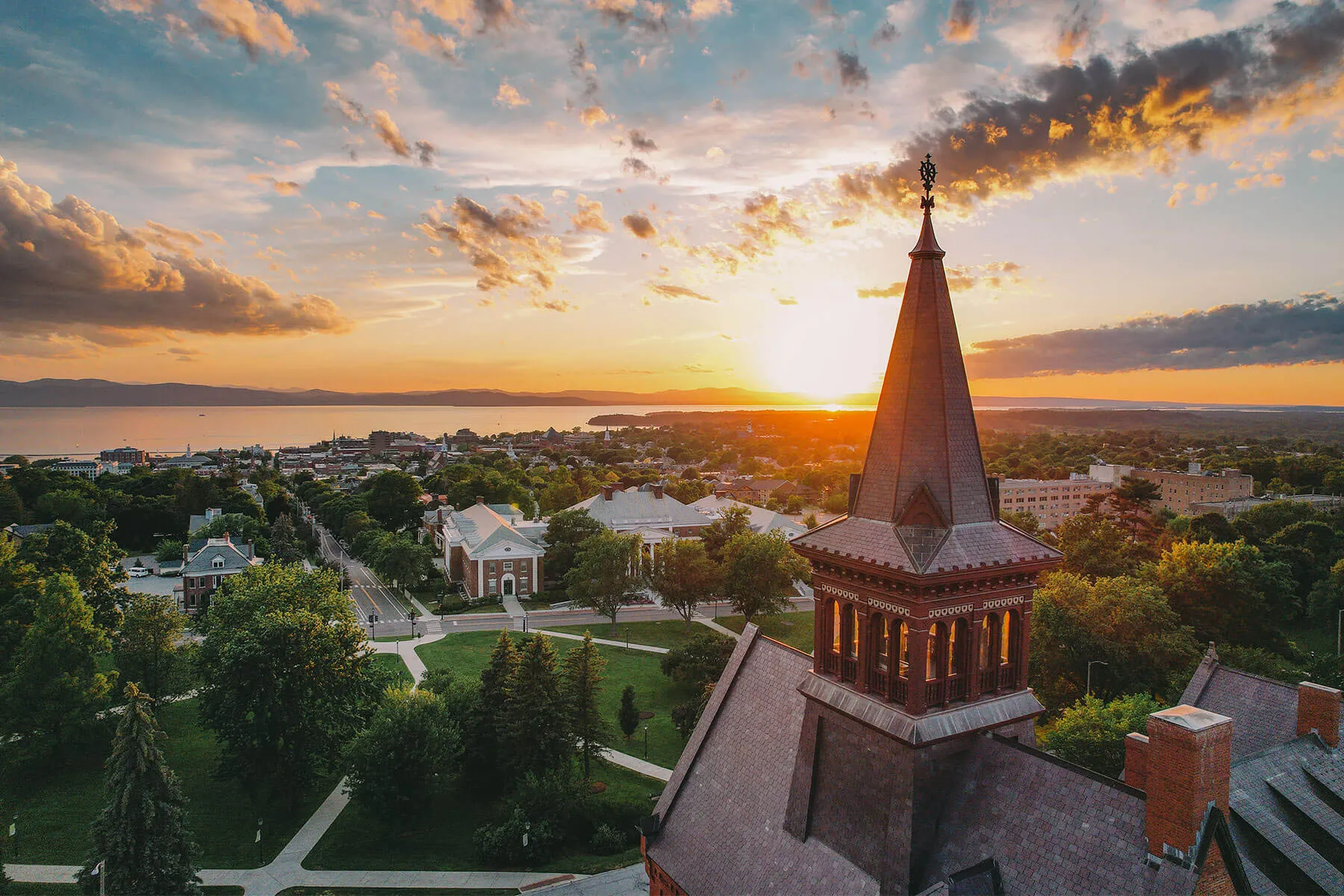 An aerial view of campus at sunset.