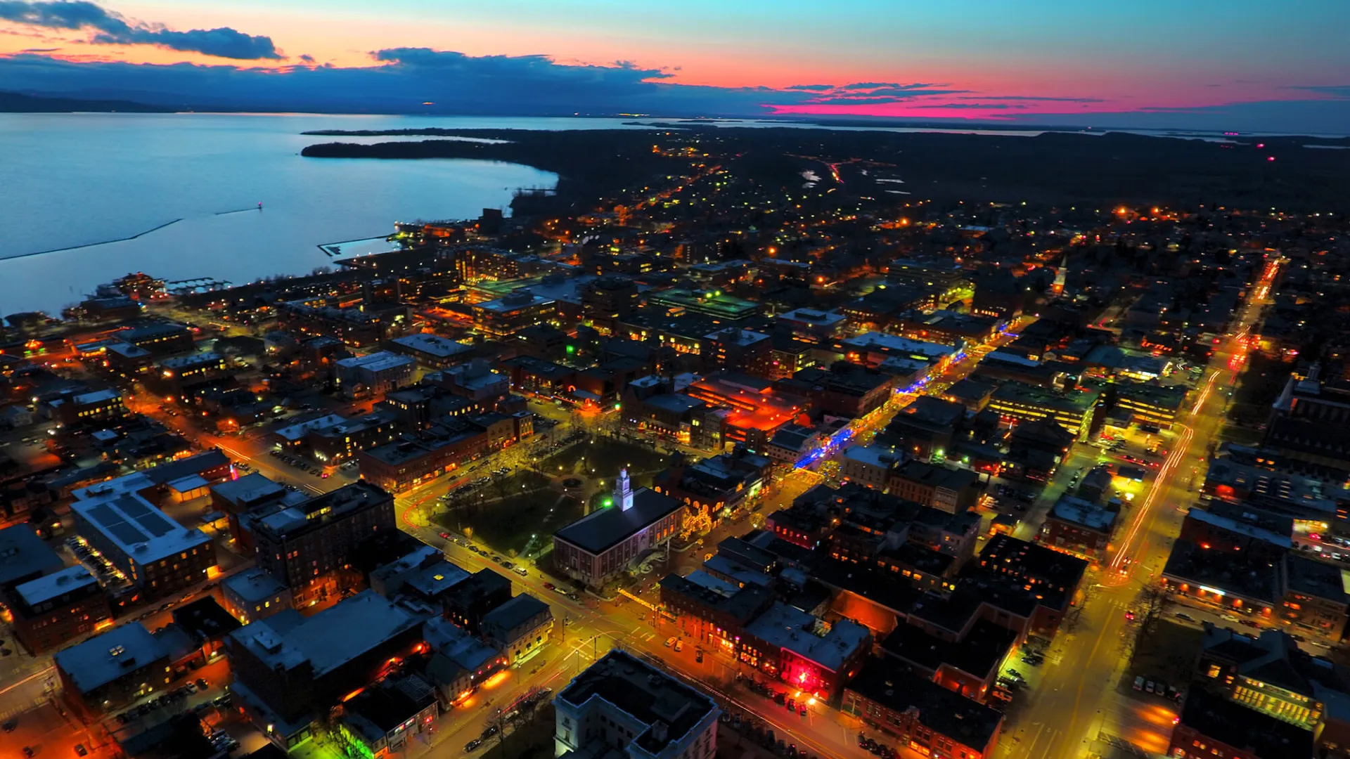 An aerial view of Burlington at dusk