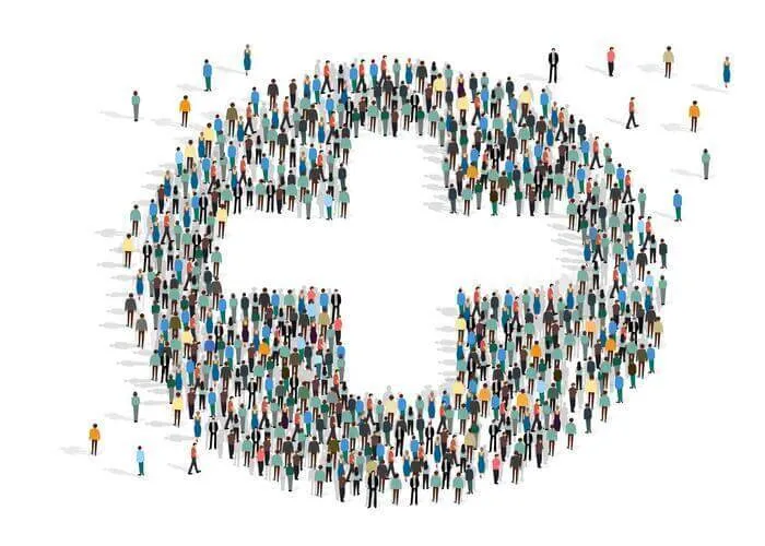 Illustration of a crowd forming a circle with a plus sign in the center
