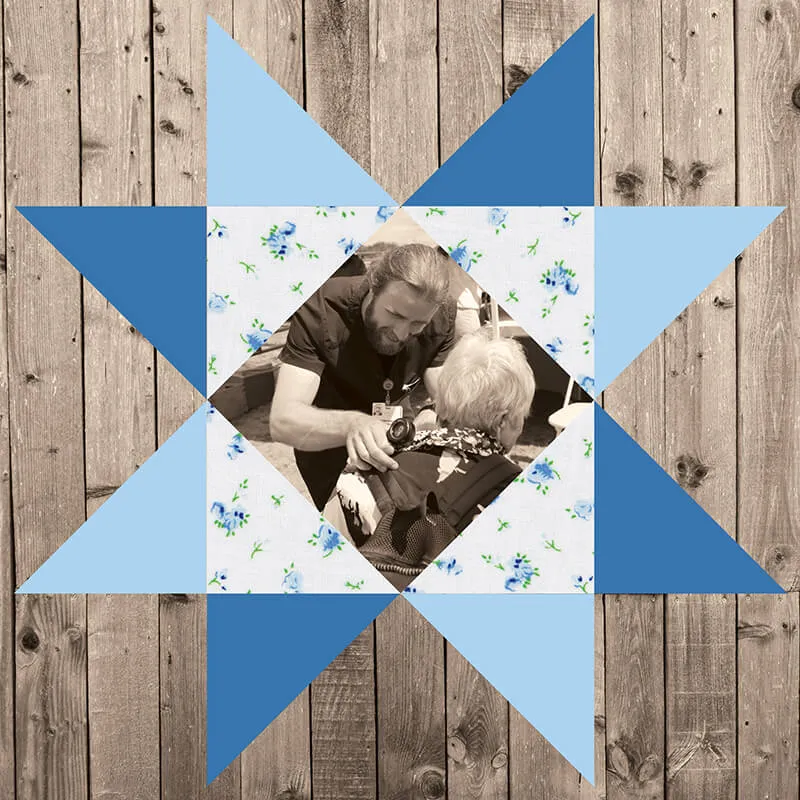 Stylized quilt square with a photo of a doctor checking a rural patient for skin cancer