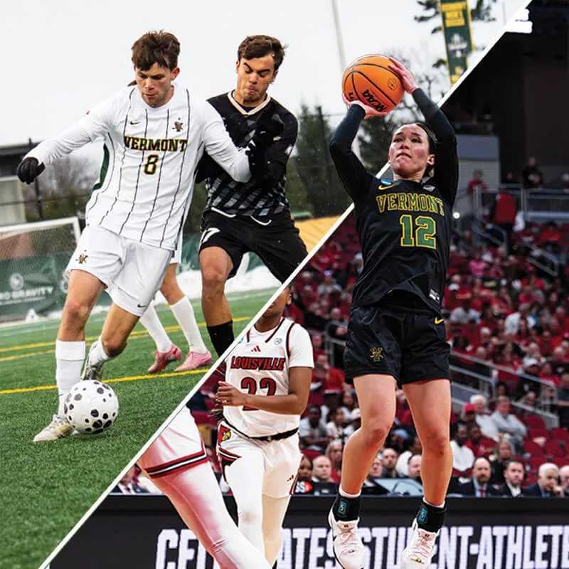 a composite photo that shows mens soccer and womens basketball in action