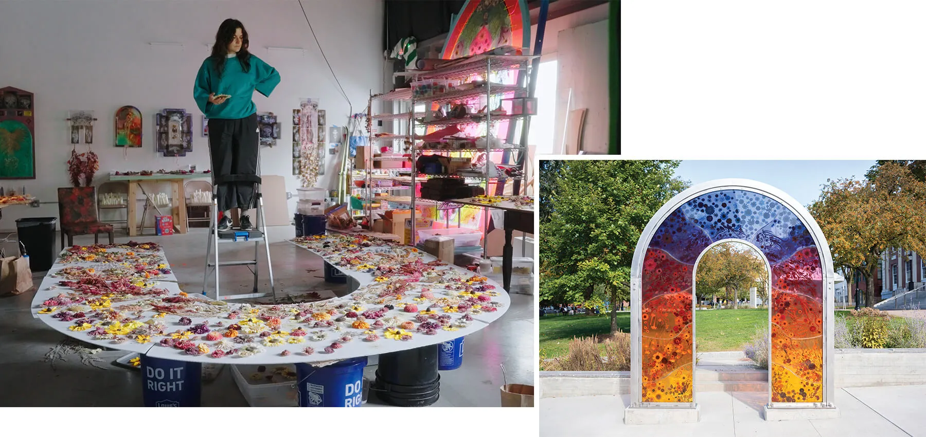 a composite image showing lydia preparing an arch with flowers in an art studio and the final colorful arch installed in the park