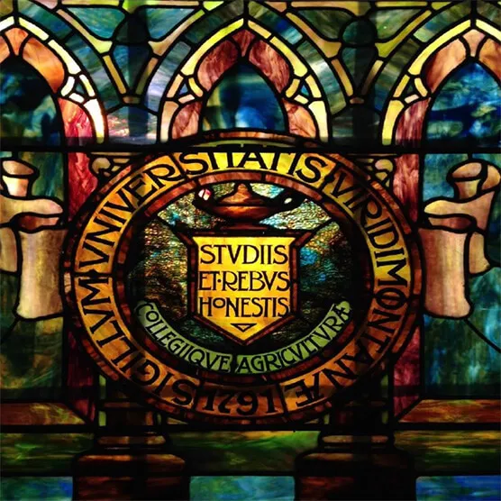 Close-up of the University of Vermont seal in stained glass artwork.