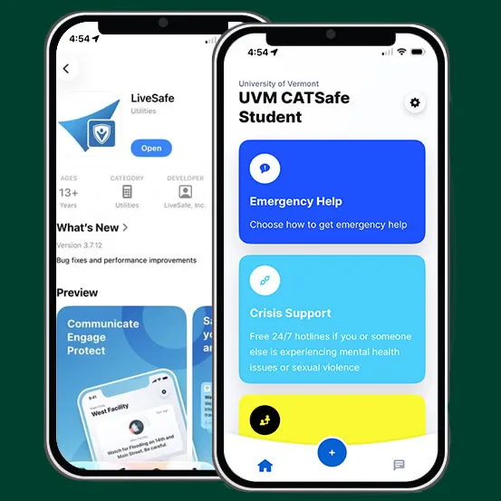 Screenshots of the LIVEsafe app on the app store and the CATsafe app student home page inside of phones.