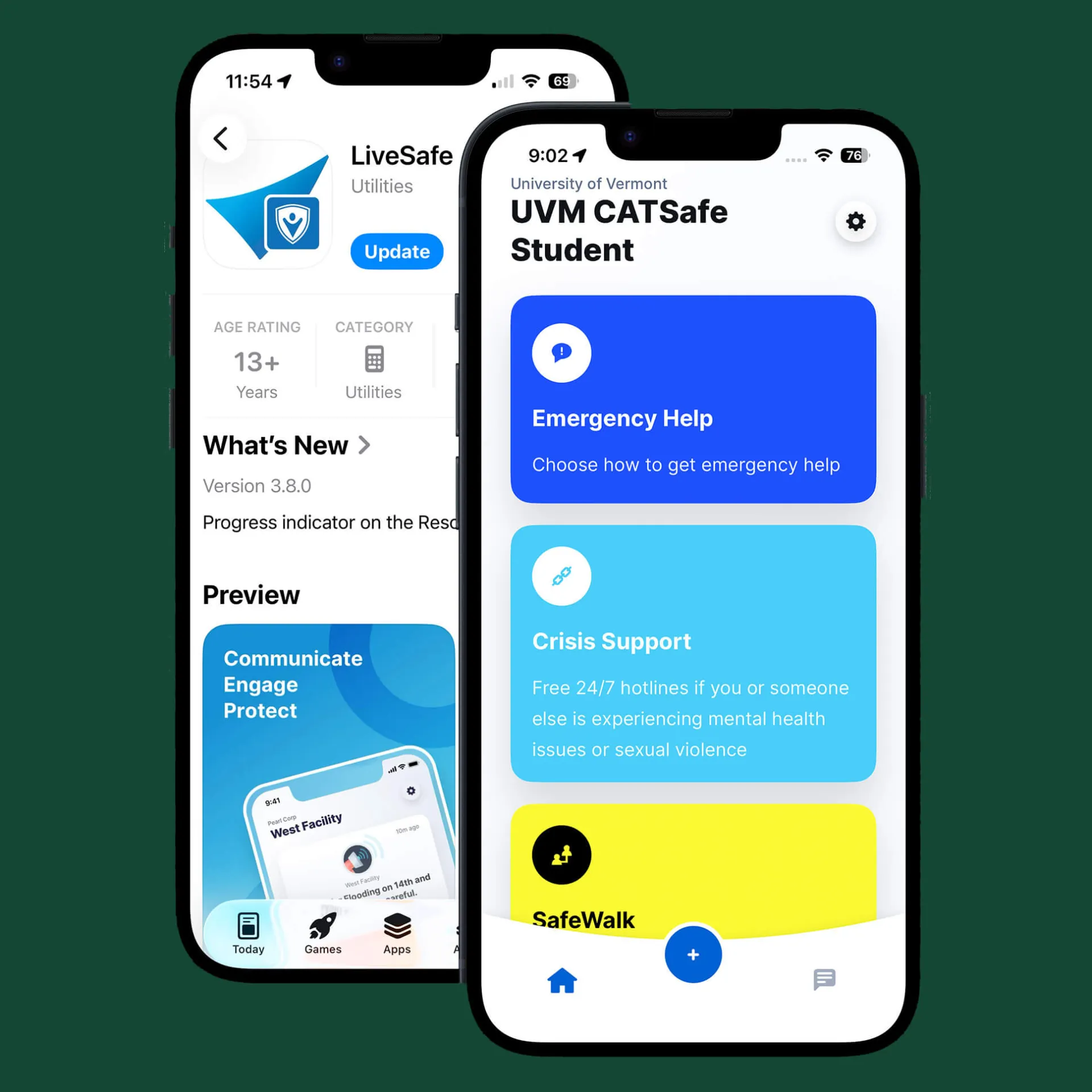 Screenshots of the LIVEsafe app on the app store and the CATsafe app student home page inside of phones.