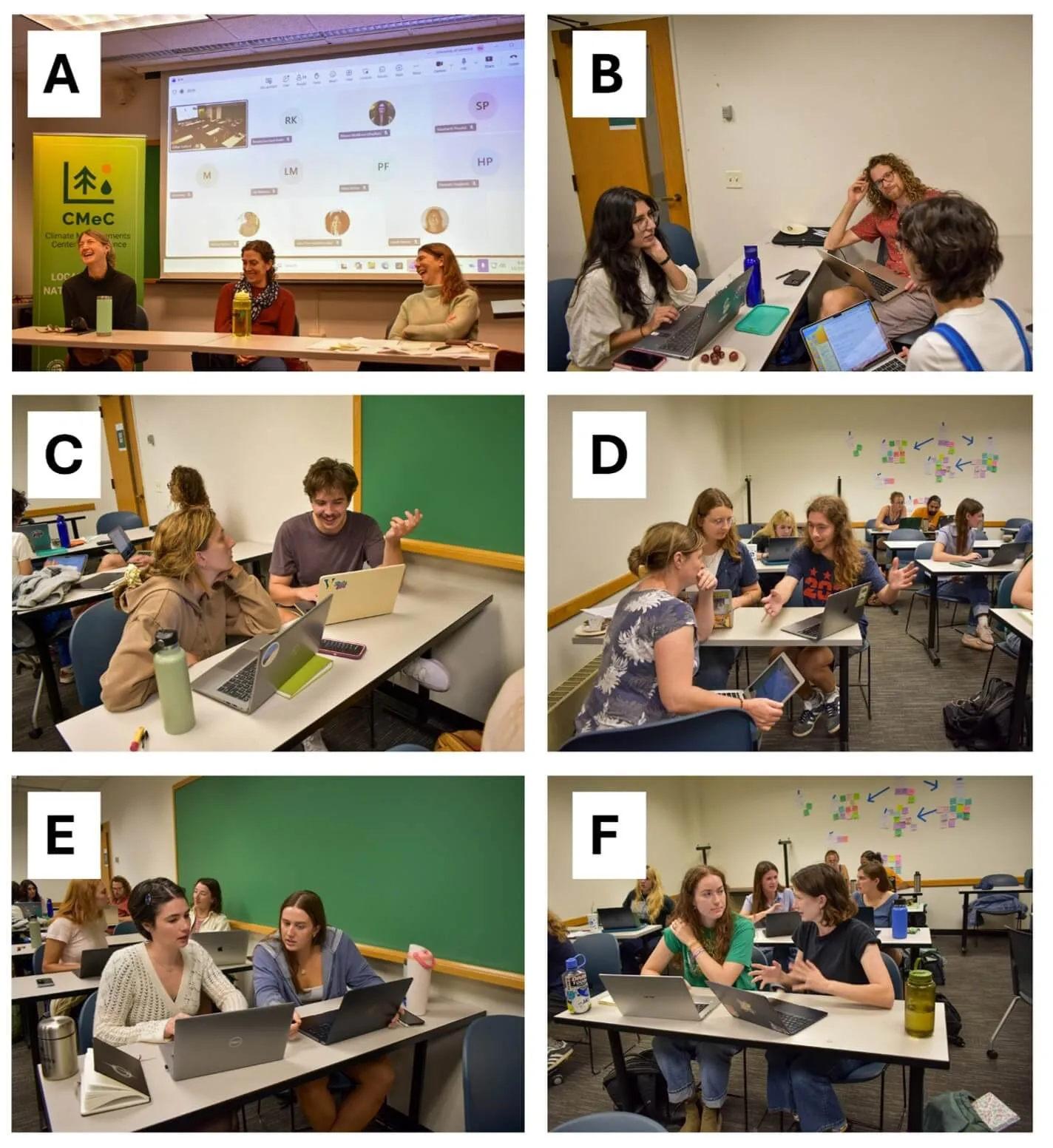 Six panels of photos from the Climate Assessment Practicum class, which occurred in Fall 2025. The first photo displays a panel of speakers while the next five photos display students engaging with one another in discussions about the Vermont Climate Assessment.