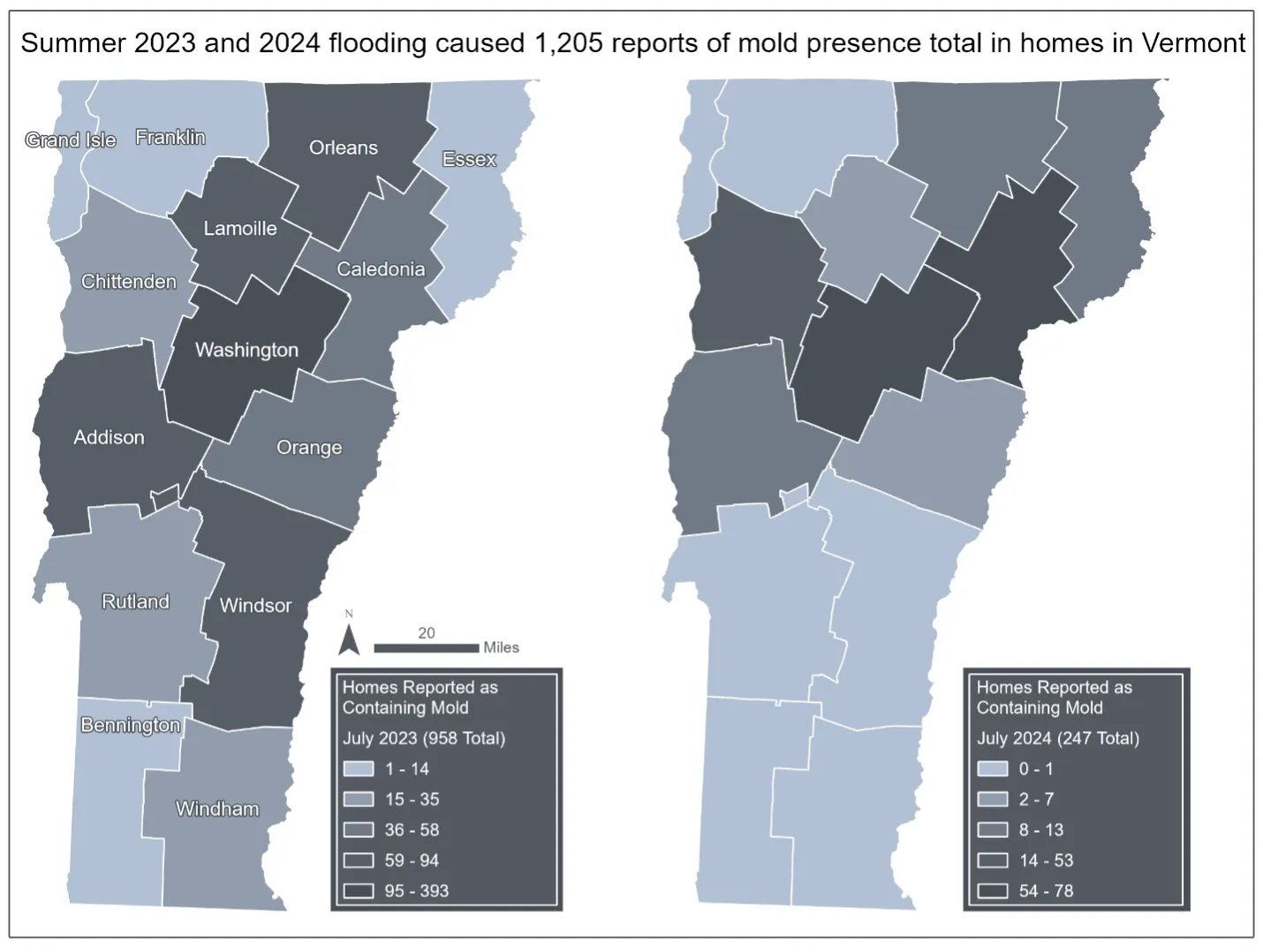 Two maps of Vermont. Both show counties color-coded by the number of homes that had mold reported during the flooding in the summer of 2023 (the map on the left) and 2024 (the map on the right). Counts range from 1-393 homes for the 2023 map, with Washington County having the most reports of uninhabitable homes. Counts range from 0-78 homes for the 2024 map, with Washington and Caledonia counties having the most reports.