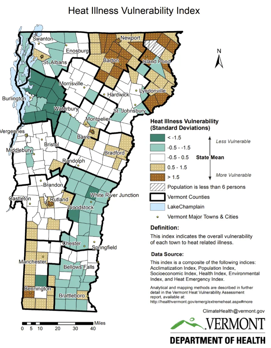 A map showing the Department of Health's heat illness vulnerability index across Vermont by town and county. Areas with the highest vulnerability are in the northeast area of Vermont, and the areas of lowest vulnerability are Chittenden county and Southeastern Vermont. The index is a composite of the following indices: Acclimatization Index, Population Index, Socioeconomic Index, Health Index, Environmental Index, and Heat Emergency Index.