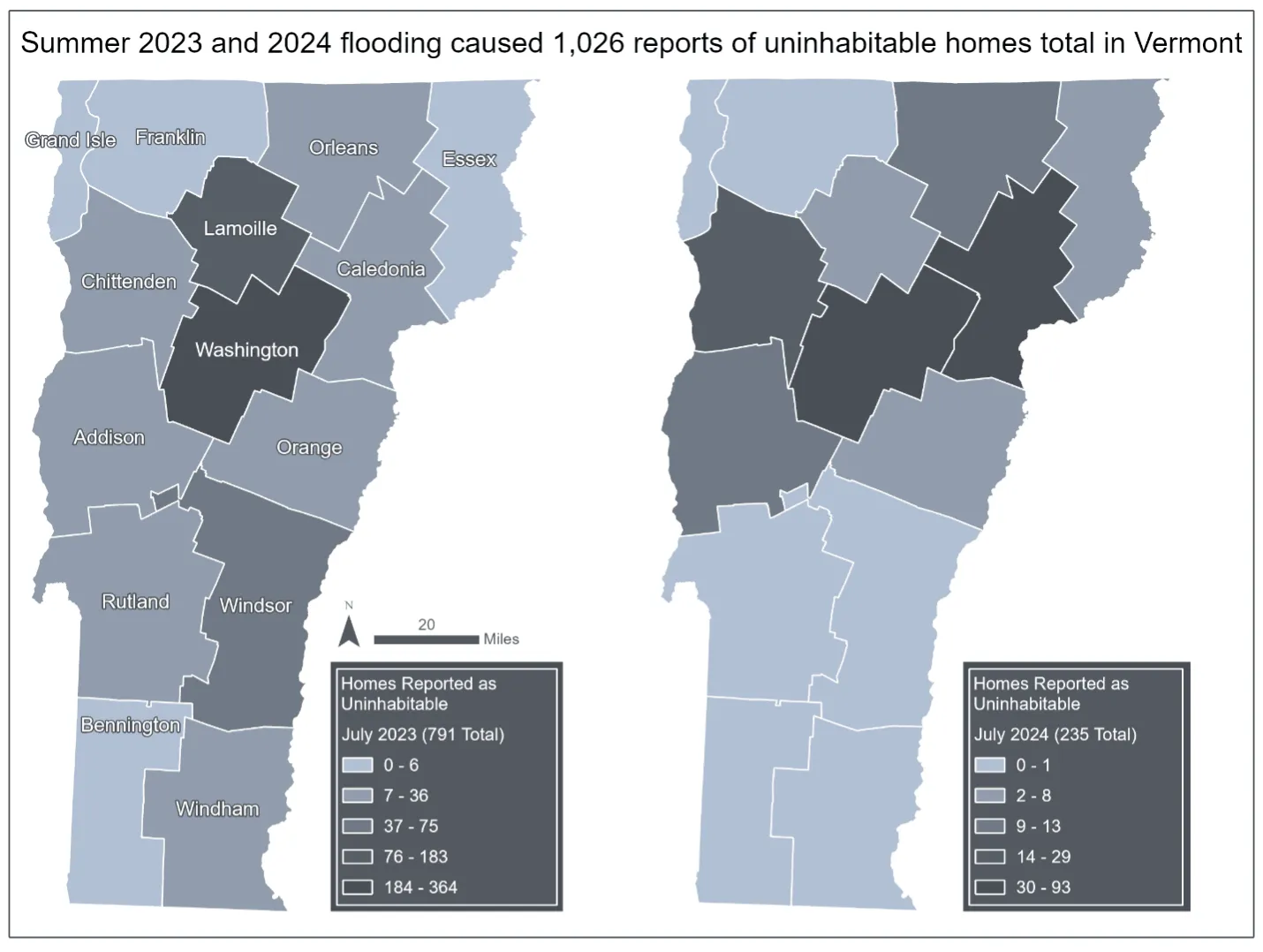 Two maps of Vermont. Both show counties color-coded by the number of homes reported uninhabitable during the flooding in the summer of 2023 (the map on the left) and 2024 (the map on the right). Counts range from 0-364 homes for the 2023 map, with Washington and Lamoille counties having the most reports of uninhabitable homes. Counts range from 0-93 homes for the 2024 map, with Washington, Caledonia, and Chittendon counties having the most reports.
