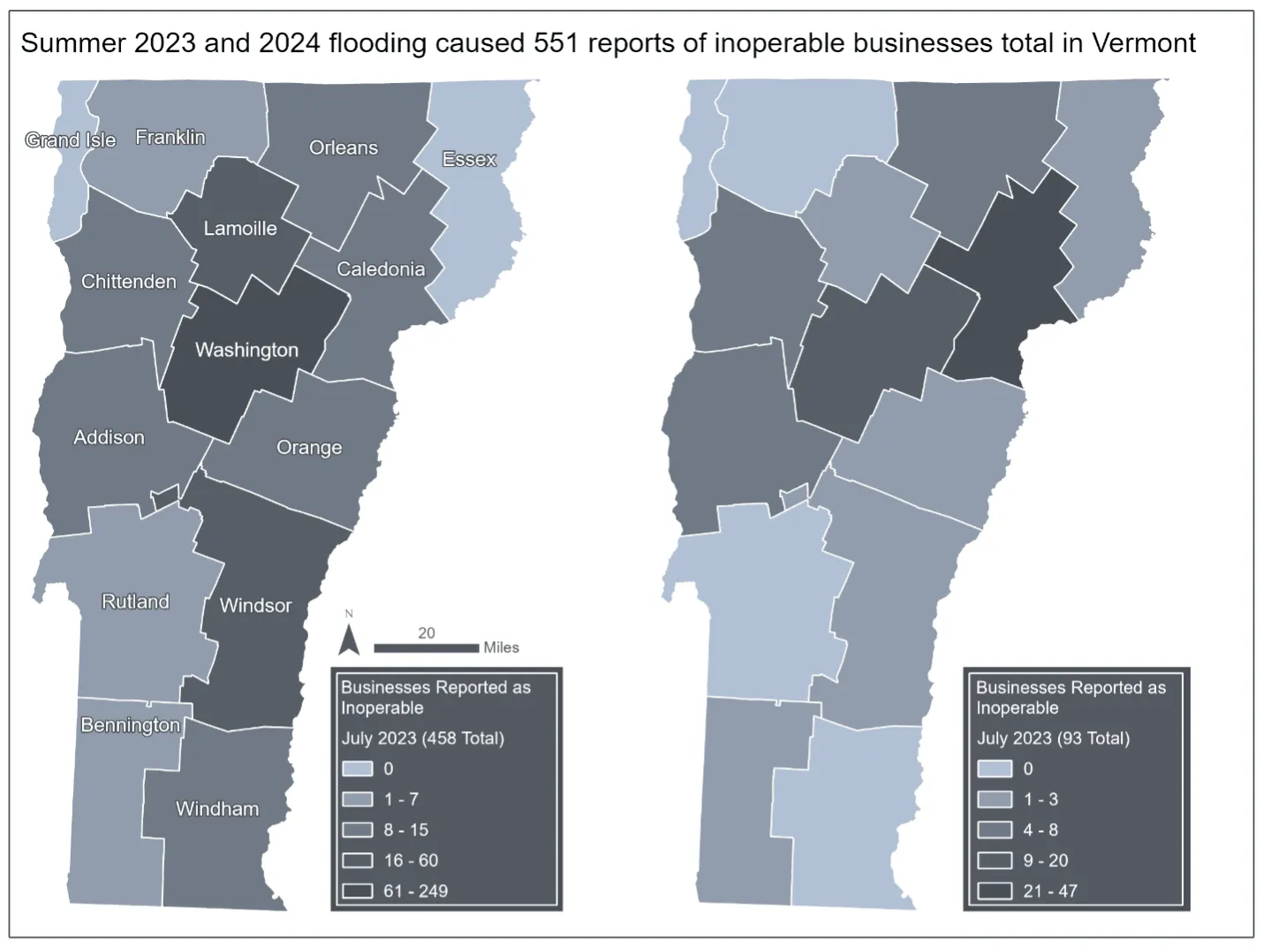 Two maps of Vermont. Both show counties color-coded by the number of businesses reported inoperable during the flooding in the summer of 2023 (the map on the left) and 2024 (the map on the right). Counts range from 0-249 businesses for the 2023 map, with Washington, Lamoille, and Windsor counties having the most reports of inoperable businesses. Counts range from 0-47 businesses for the 2024 map, with Caledonia and Washington counties having the most reports.