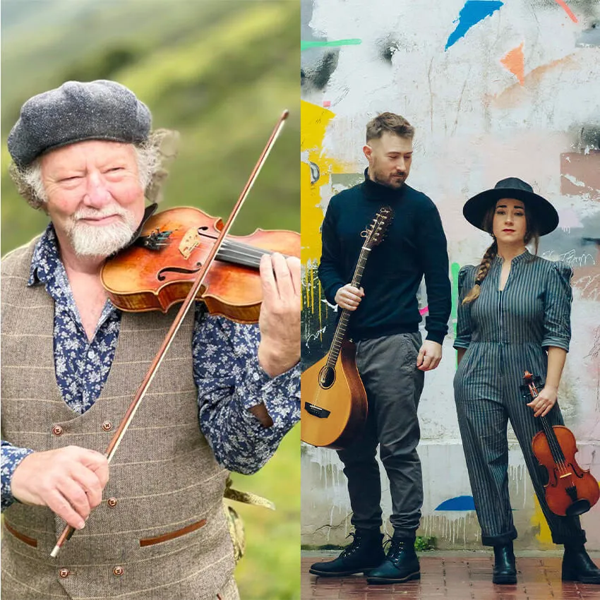 Three people standing with stringed instruments