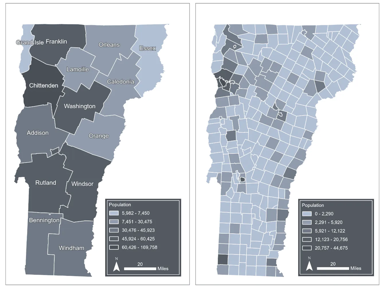 Two maps display population distribution across Vermont counties and towns using five shades of gray, with darker shades indicating higher populations. The County map highlights Chittenden as most populous, followed by Franklin, Washington, Rutland, and Windsor. Meanwhile, the town map shows population concentration in specific towns, with legends and scale bars included for reference.Most populous towns are concentrated along Lake Champlain, andd along the New Hampshire boarder.